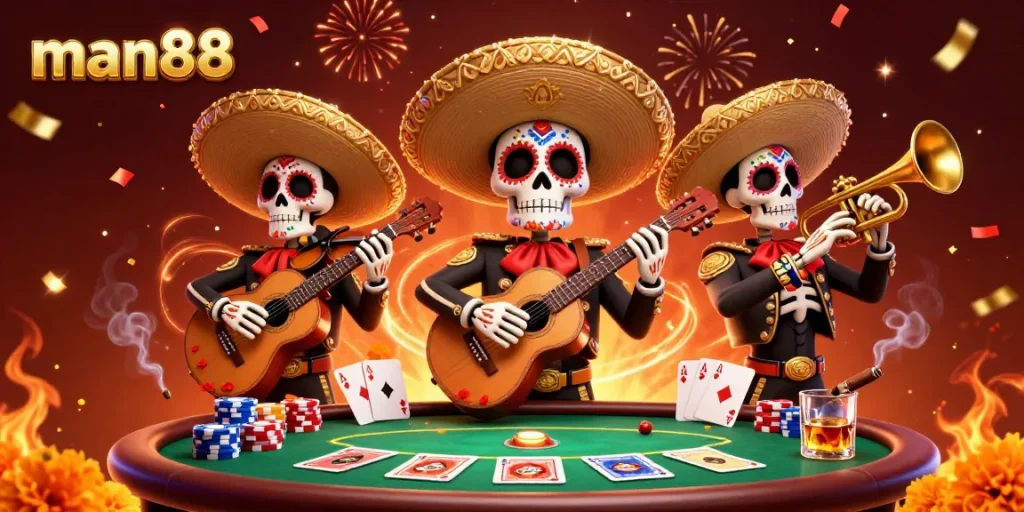 Join the vibrant scene with man88 as skeleton mariachi musicians celebrate poker victories amidst colorful decorations.