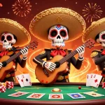 Join the vibrant scene with man88 as skeleton mariachi musicians celebrate poker victories amidst colorful decorations.