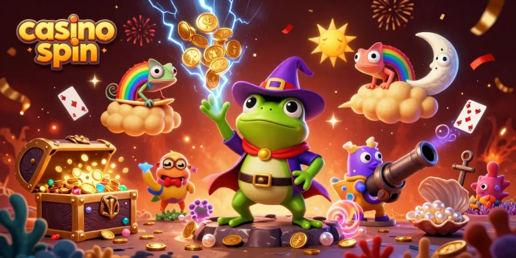 Experience casino spin magic with colorful characters in a vibrant gambling scene.
