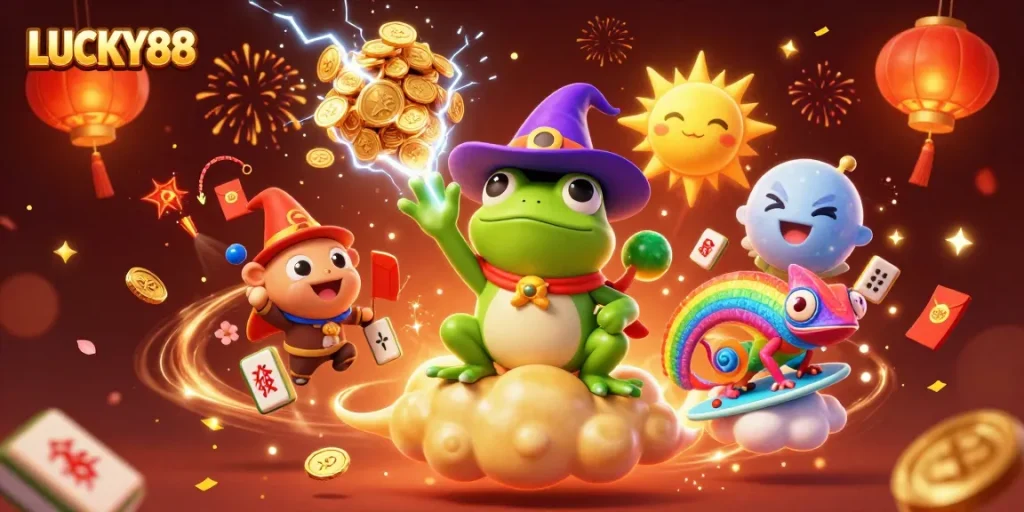 Experience LUCKY88 with a wizard frog generating a wealth of golden coins and vibrant celebratory elements.