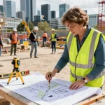 Surveyor conducting measured building surveys UK on a busy construction site in London.