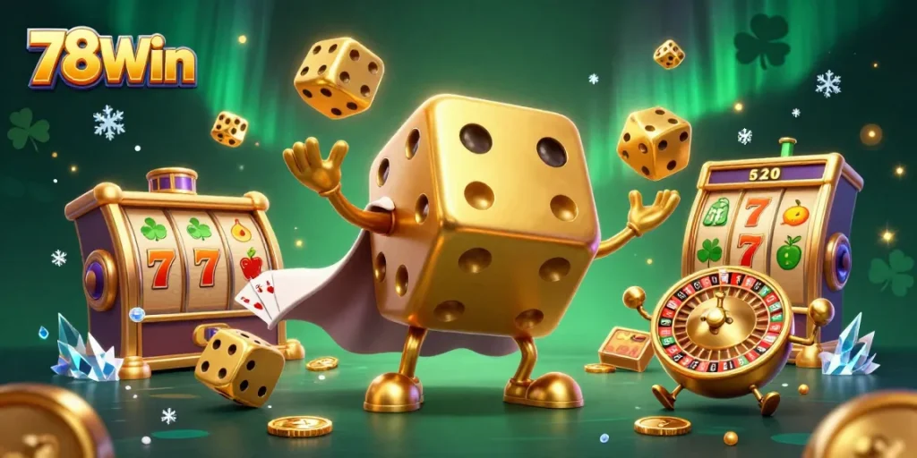 Experience the action of 78Win with lively casino scenes featuring golden dice golems and slot elements.