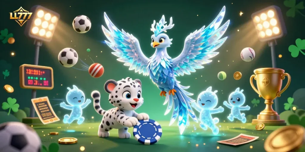 LL777 players enjoying thrilling games amidst a vibrant casino world with sports and trophy elements.