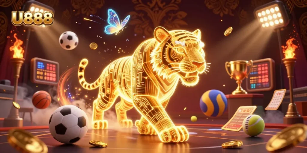Experience thrilling gameplay at U888 with a vibrant scene of a golden tiger in a digital casino.