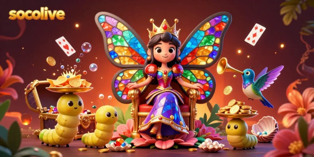 Socolive captures thrilling sports moments with elegant butterfly queen and vibrant casino elements.