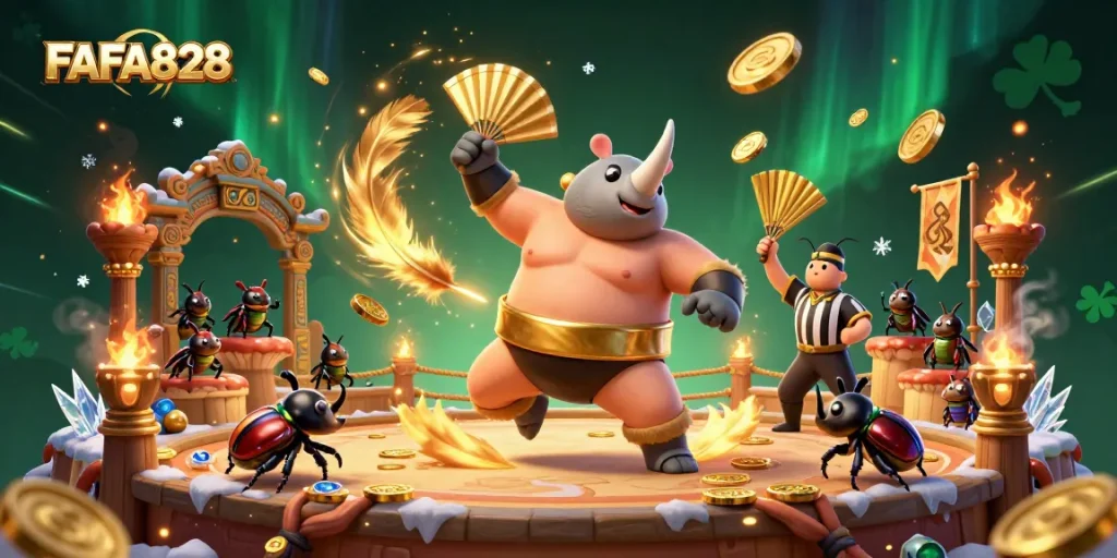 Engage with FAFA828's thrilling casino atmosphere featuring a sumo champion beetle, sending coins flying.