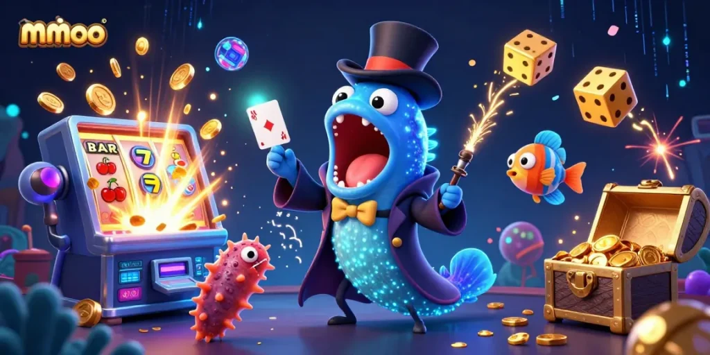 Experience the thrill of mmoo with magical casino illustrations featuring vibrant characters and exciting game elements.