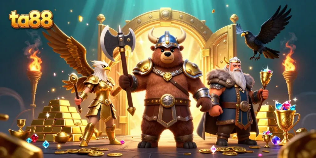 Engage with the thrill of ta88 as Viking berserker and Valkyrie eagle guard treasures in a lively casino scene.