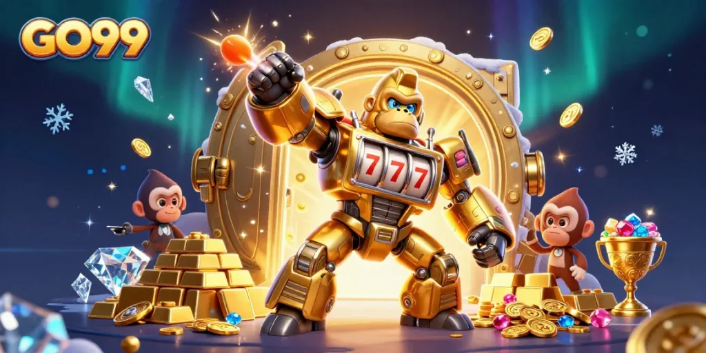 Win big at GO99 with a 3D illustration of a golden gorilla mech amidst treasures and jackpots.