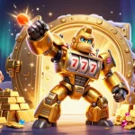 Win big at GO99 with a 3D illustration of a golden gorilla mech amidst treasures and jackpots.