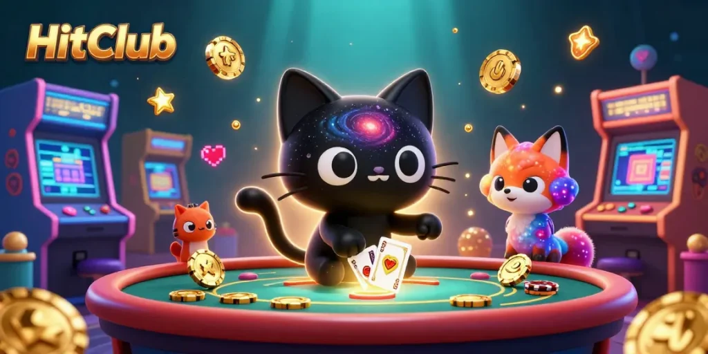 HitClub cat magnetizes golden chips and cards at a cosmic casino table