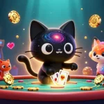 HitClub cat magnetizes golden chips and cards at a cosmic casino table