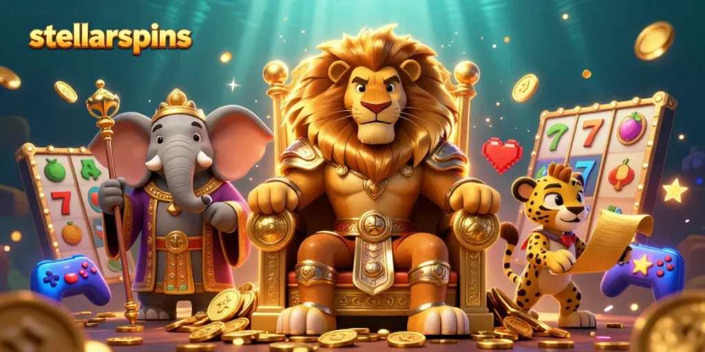 Engage with stellarspins amidst a majestic lion king, wise elephant, and swift cheetah in a vibrant casino-themed illustration.