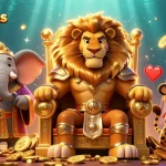 Engage with stellarspins amidst a majestic lion king, wise elephant, and swift cheetah in a vibrant casino-themed illustration.