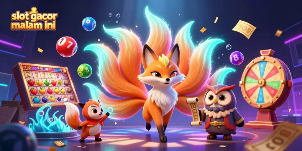 Engage with slot gacor malam ini in a vibrant gaming illustration featuring a whimsical fox and wise owl.