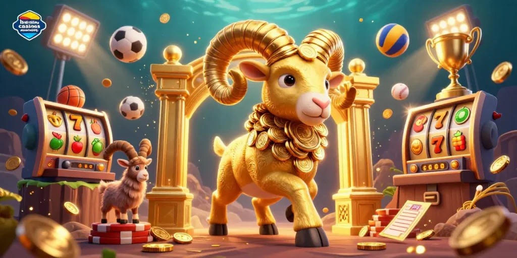 Experience the best online casinos Australia with a dynamic 3D cinematic scene featuring lively slots and vibrant gold elements.