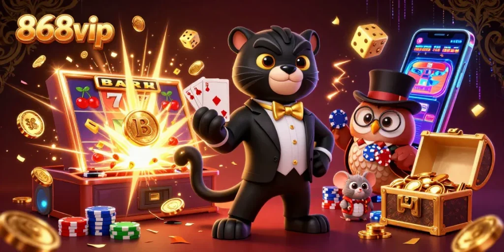 Experience thrilling wins at 868vip with a dazzling slot machine and vibrant casino characters.