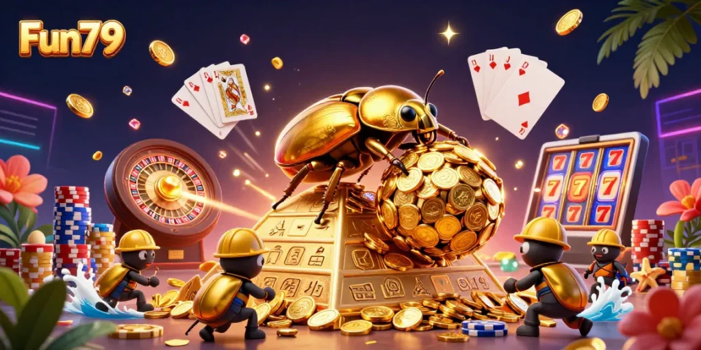 Spin to win at Fun79 with a golden beetle rolling coins amidst vibrant casino elements.