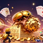 Spin to win at Fun79 with a golden beetle rolling coins amidst vibrant casino elements.