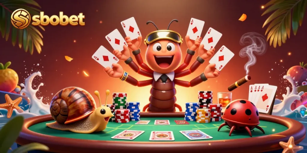 Experience sbobet betting excitement with a playful 3D cartoon casino scene filled with colorful poker elements.