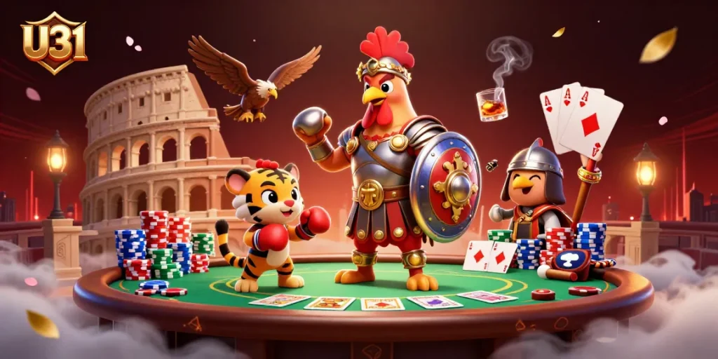 Experience U31's exciting casino atmosphere with a dynamic scene featuring poker action and vibrant characters.