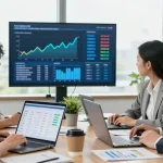 Team comparing business energy quotes to save on costs in a bright office.