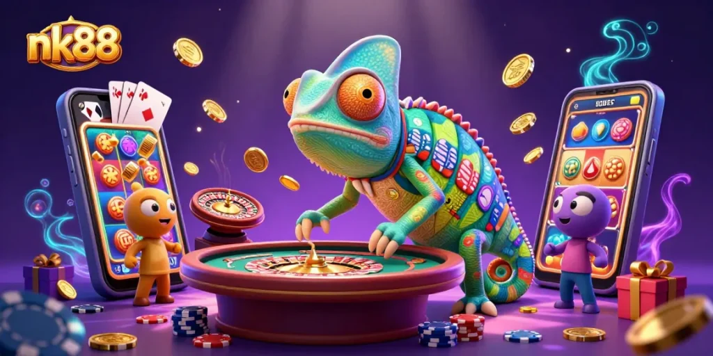 Experience the excitement of nk88's vibrant casino world with a colorful 3D chameleon character.