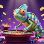 Experience the excitement of nk88's vibrant casino world with a colorful 3D chameleon character.