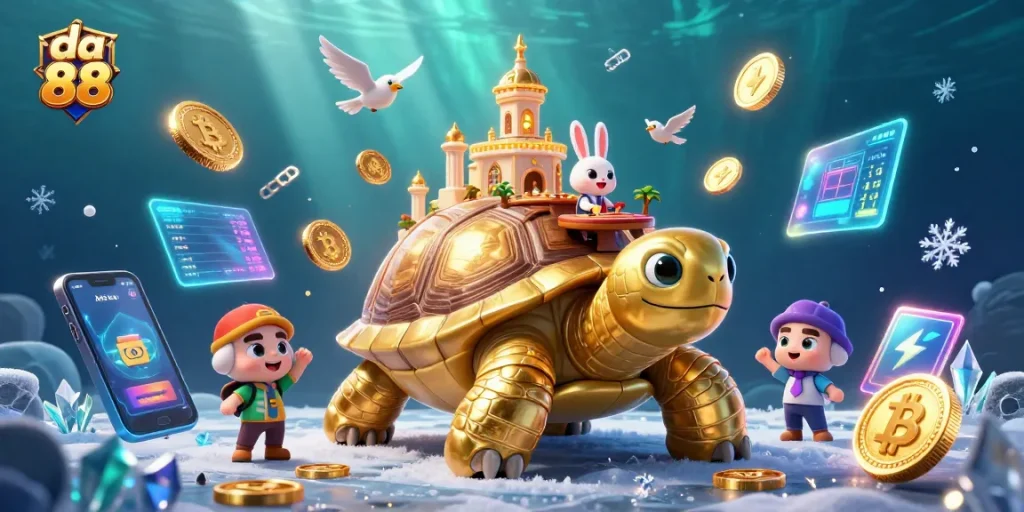 da 88 showcases a vibrant casino scene with a golden tortoise and energetic rabbit dealer.