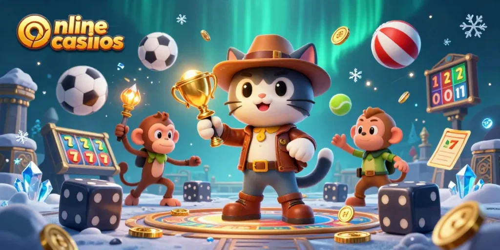 Engage with thrilling online casinos through cartoon adventures in this vibrant illustration.