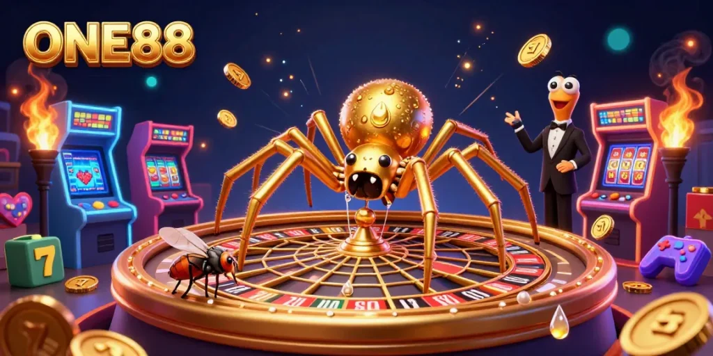 Experience thrilling bets at ONE88 with a vibrant 3D cartoon scene featuring a spider, fly, and croupier.