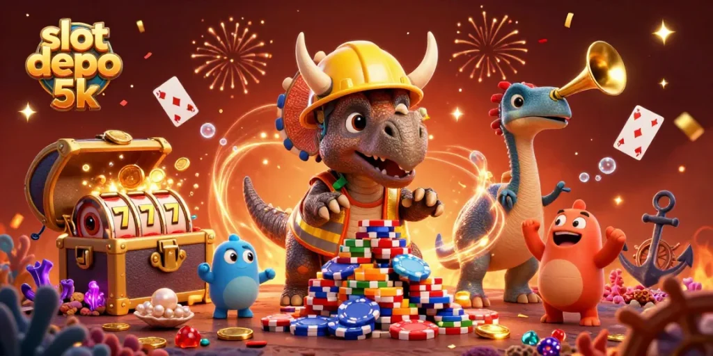 Win big with slot depo 5k as triceratops builds chip pyramid surrounded by casino excitement.