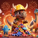 Win big with slot depo 5k as triceratops builds chip pyramid surrounded by casino excitement.