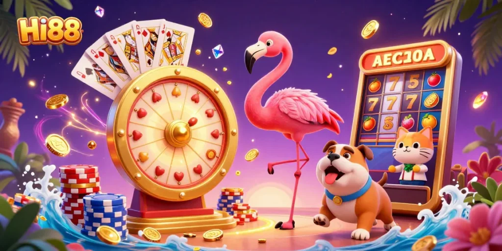 Spin to win with HI88 in a vibrant casino scene filled with slot reels and jackpots.