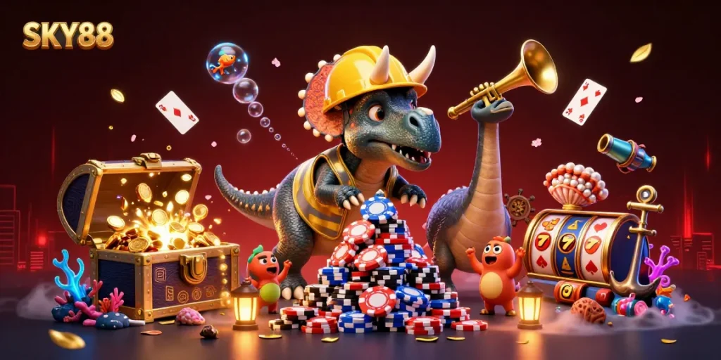 Celebrate winning strategies at SKY88 with vibrant casino-themed 3D animation.