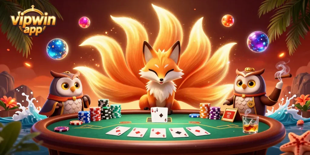 Engage with the vipwin app to win big at the dynamic poker table setup featuring whimsical spirits.