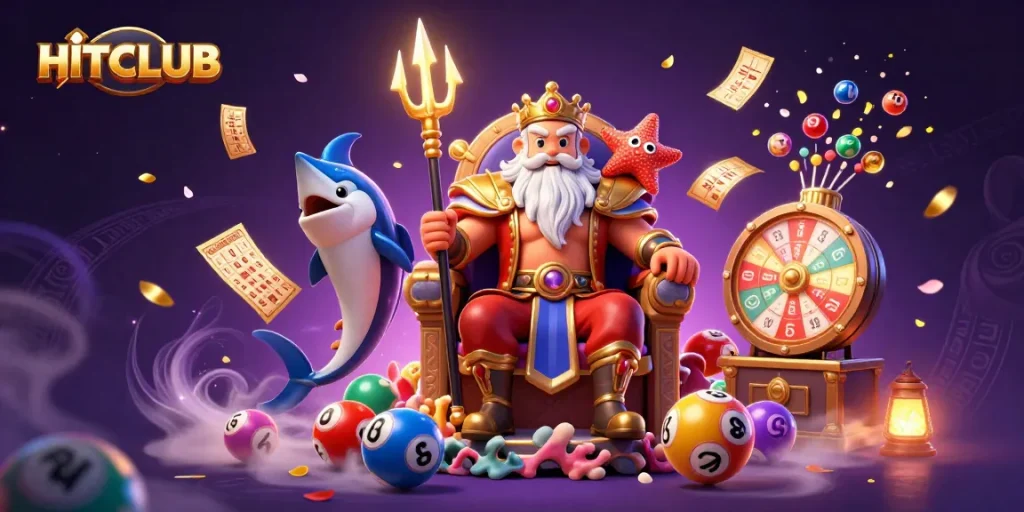 Experience the excitement of HITCLUB with vibrant lottery balls, golden tickets, and casino-themed characters in a thrilling illustration.