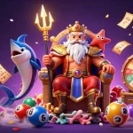 Experience the excitement of HITCLUB with vibrant lottery balls, golden tickets, and casino-themed characters in a thrilling illustration.