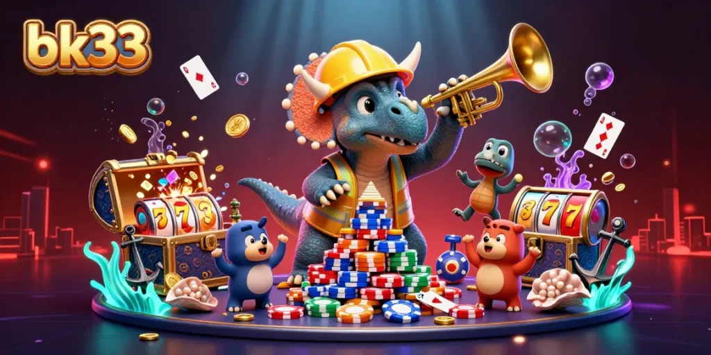 Celebrate exciting wins at bk33 with a vibrant casino-themed 3D illustration showcasing an energetic gambling adventure.