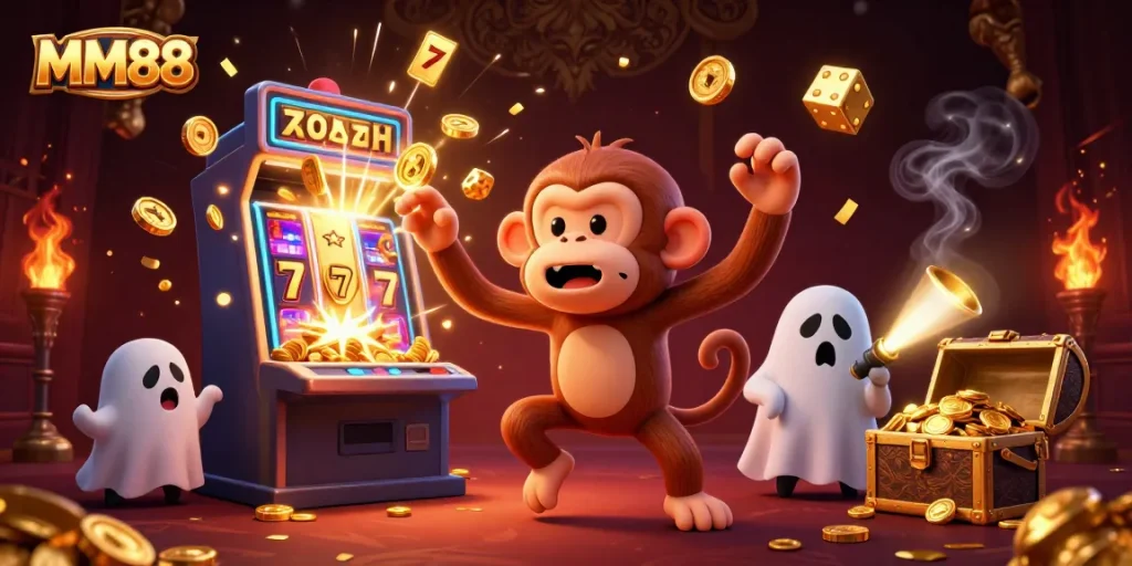Experience the thrilling MM88 casino adventure with golden treasures and lively characters!