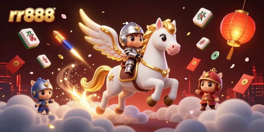 Experience the magical world of rr888 with a knight and celestial horse in an enchanting casino setting.