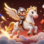 Experience the magical world of rr888 with a knight and celestial horse in an enchanting casino setting.