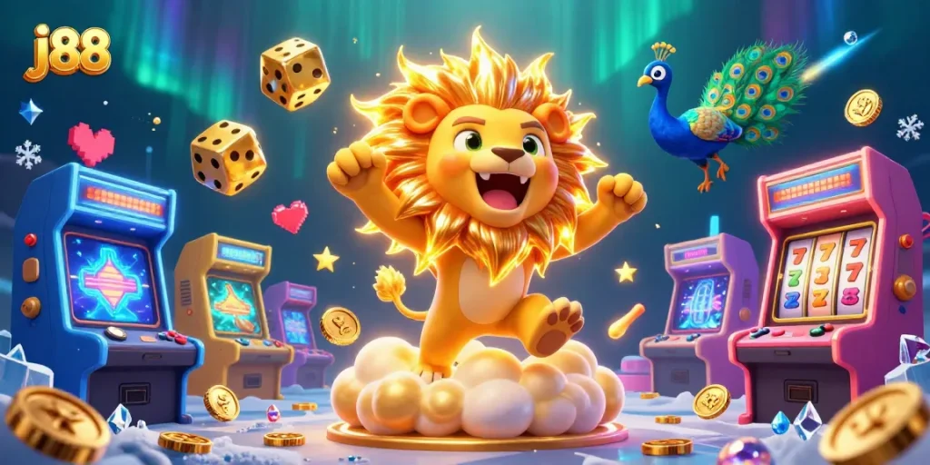 Join the excitement at j88 with vibrant casino elements and animated characters showcasing gold and luck.
