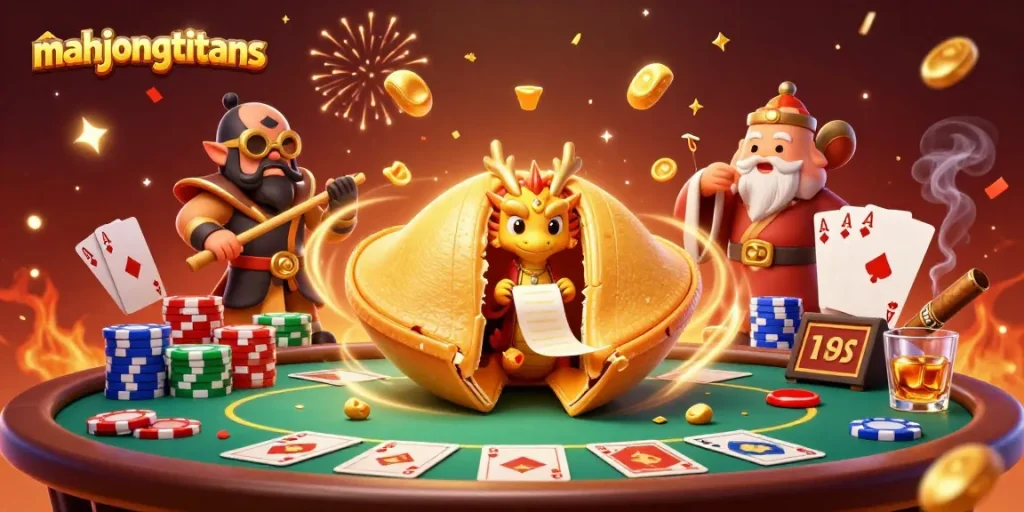 Experience mahjongtitans with a vibrant casino scene showing a golden cookie and poker elements.