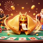 Experience mahjongtitans with a vibrant casino scene showing a golden cookie and poker elements.