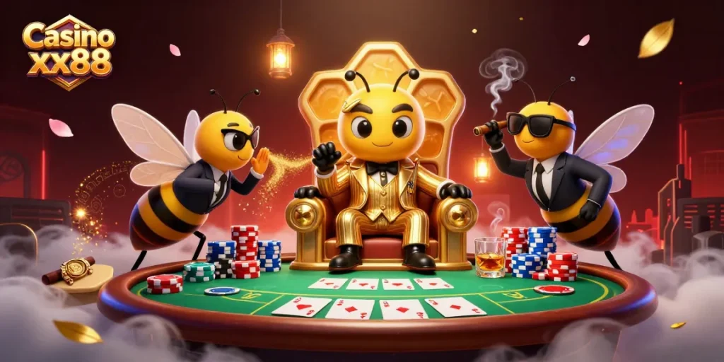 Engage in thrilling gameplay at Casino xx88 with a dynamic 3D scene showcasing poker excitement.