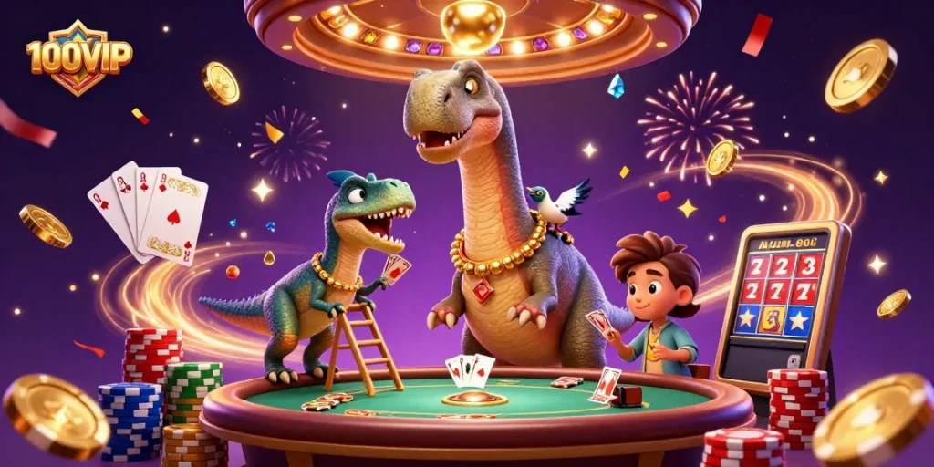 The 100VIP casino scene showcases a playful brontosaurus amidst dynamic gaming elements, vibing high-stakes excitement.