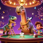 The 100VIP casino scene showcases a playful brontosaurus amidst dynamic gaming elements, vibing high-stakes excitement.
