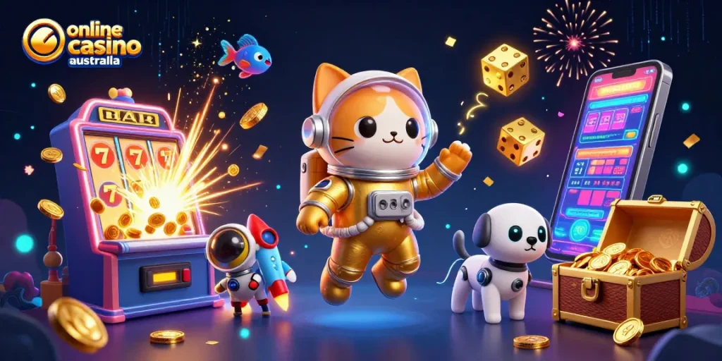 Win big at online casino Australia with a vibrant cosmic 3D illustration of space-themed gaming elements.