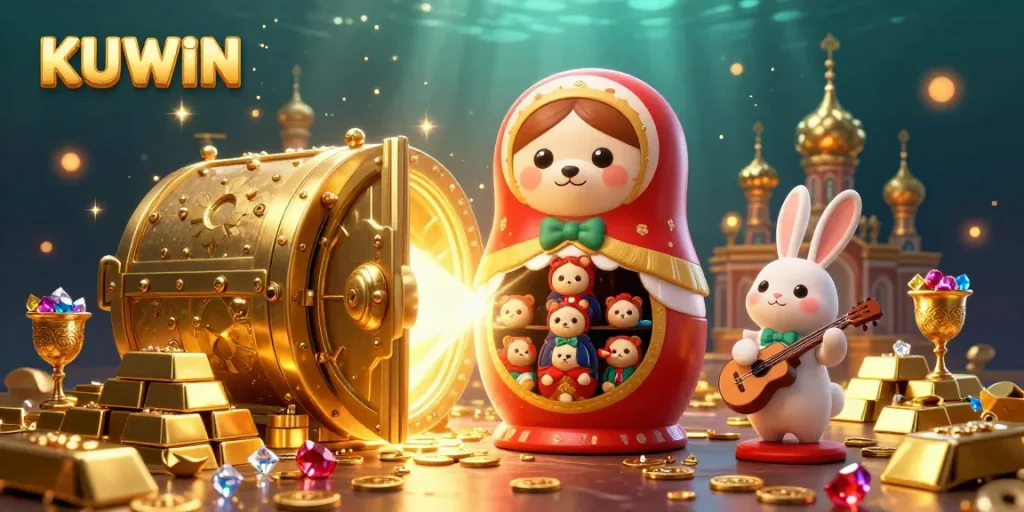 Experience the excitement of KUWIN with vibrant 3D casino elements and characters in a dazzling illustration.